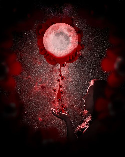 A red moon blooming and bleeding flowers into a woman's palm.