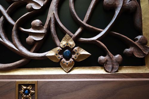 hand-carved Virgin's Bower Flower with gold and blue paint