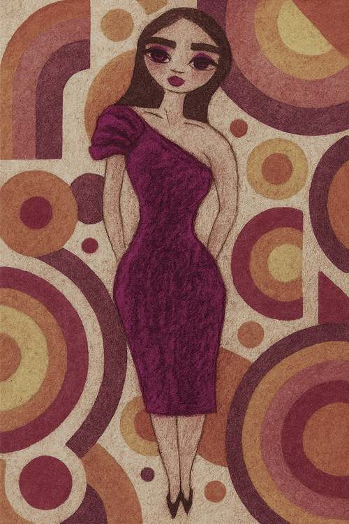 A woman in a purple dress stands confidently against a backdrop of bold, geometric designs. The composition features warm tones that complement her attire.