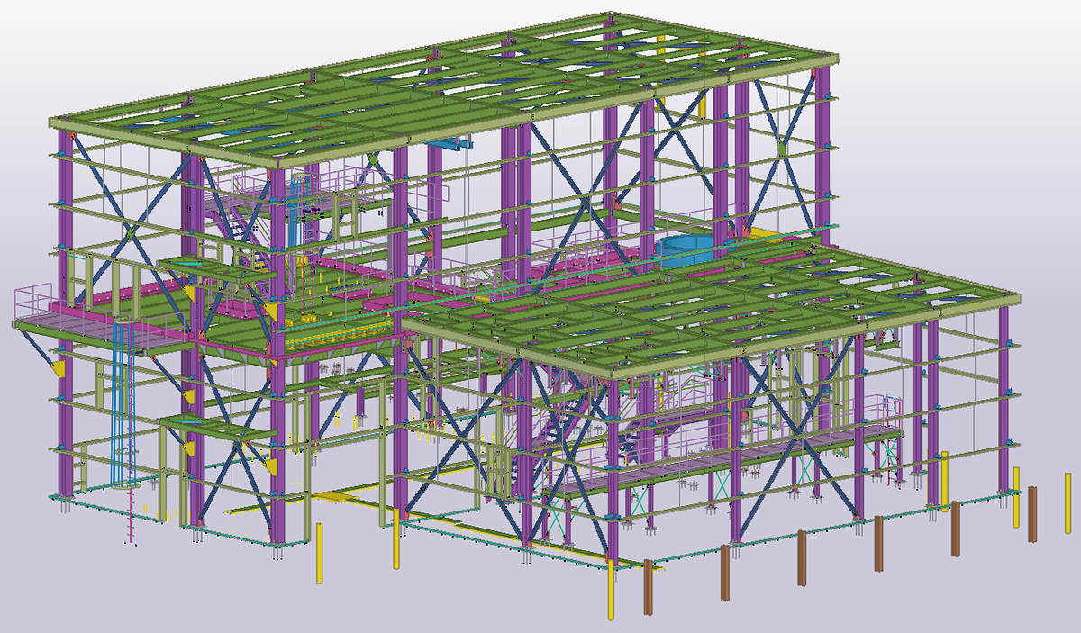 Tekla Structures 3D model of a commercial building&rsquo;s steel skeleton