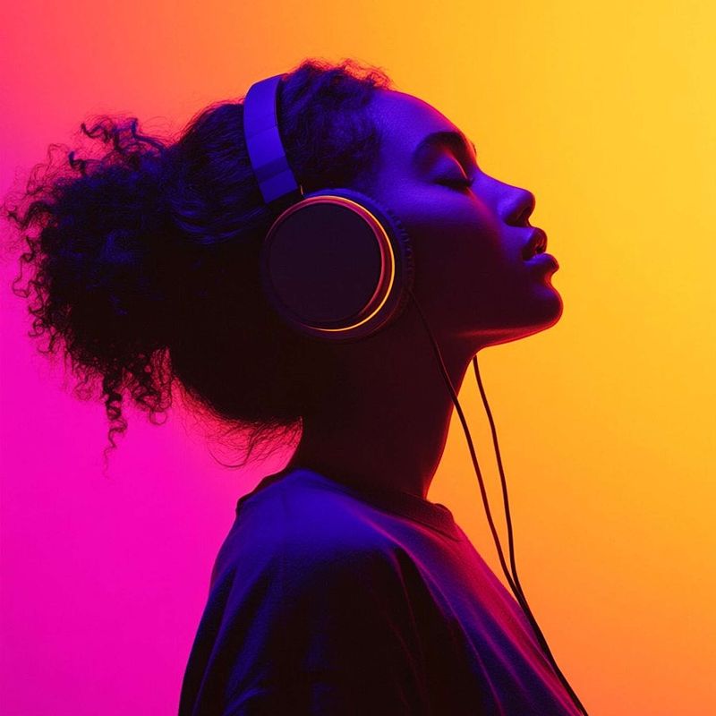 Silhouette of woman with headphones in colorful lighting