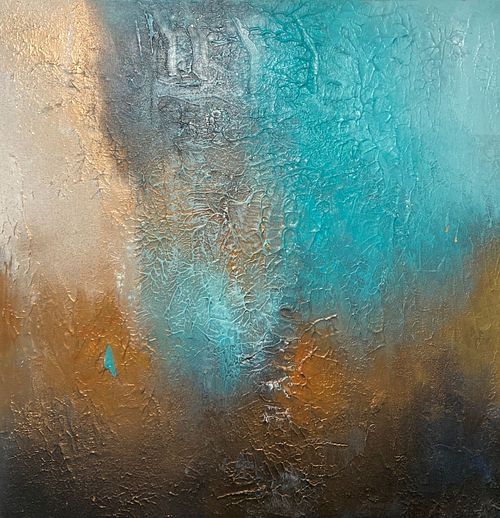 abstract painting blending mineral blue with raw earth textures, perfect for coastal interior design projects and sustainable luxury villas