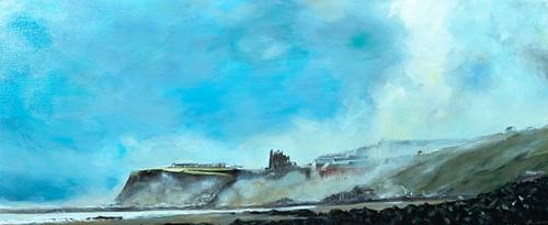 Whitby headland emerging from mist and sea fret