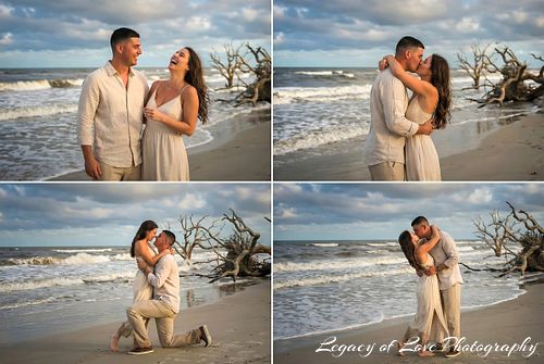 A four-photo collage of a surprise proposal among the driftwood at Boneyard Beach, Big Talbot Island, Florida by Legacy of Love Photography.