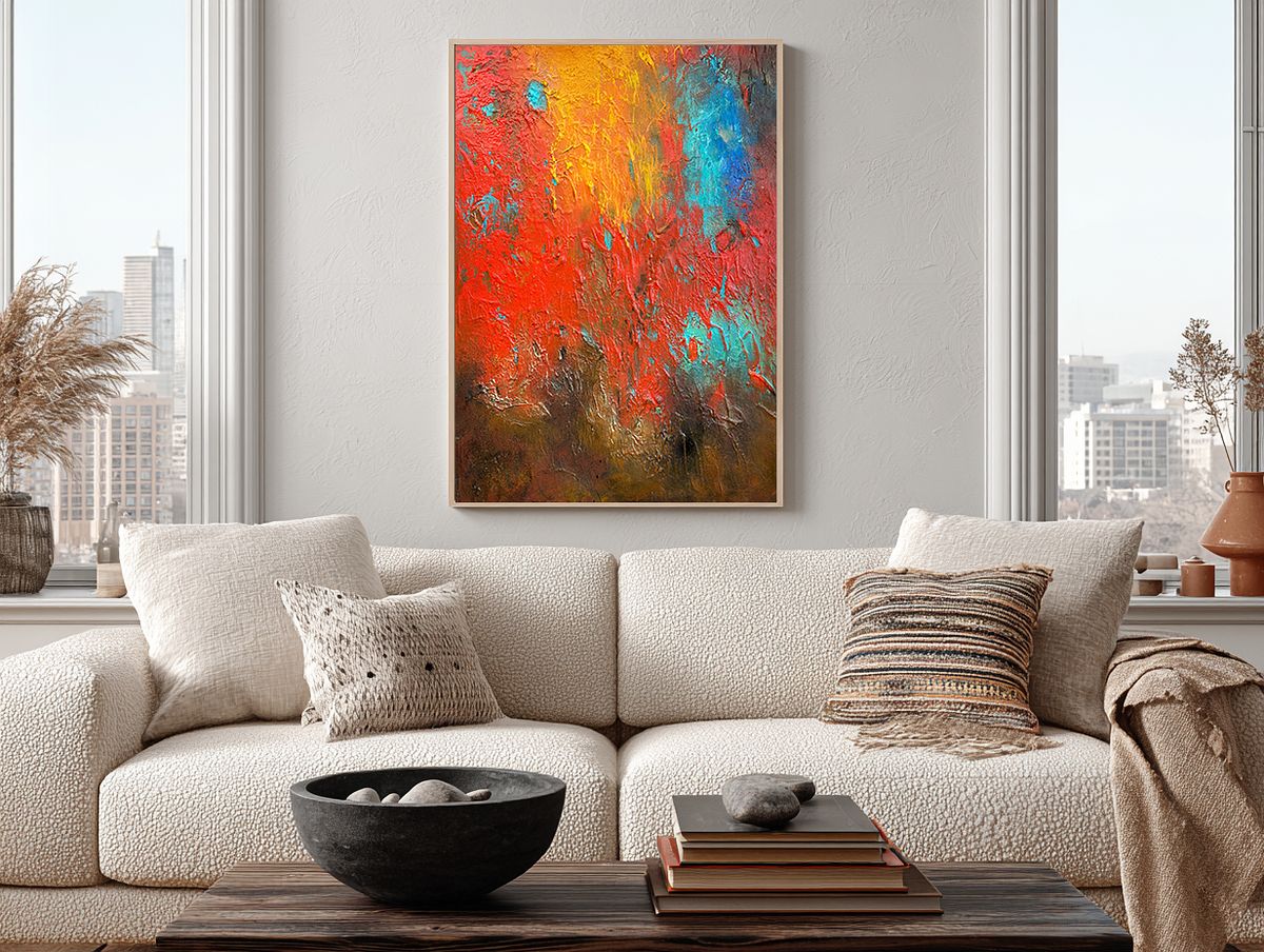 Statement abstract painting featured in a luxury modern living room with contemporary furniture, illustrating premium residential art placement