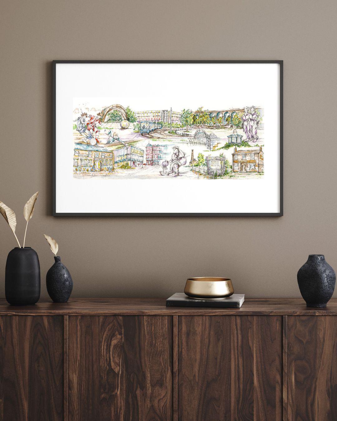 A framed Watercolour and pen illustration of the city of Sheffield in England, UK.