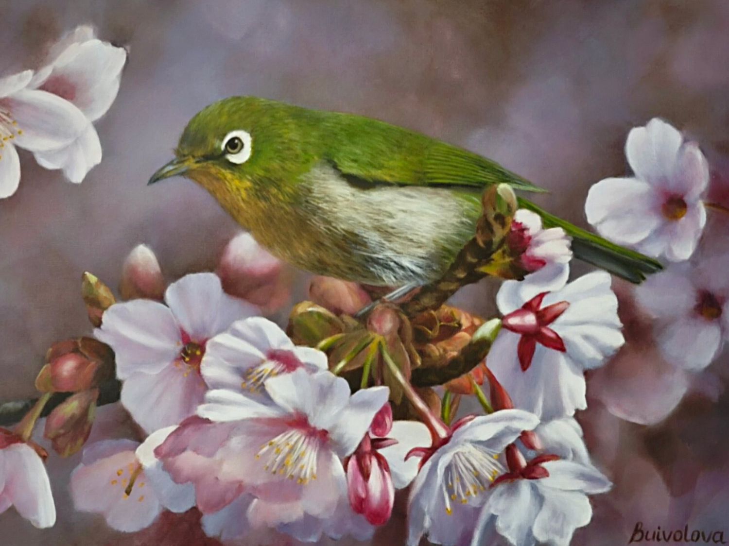 Acrylic painting on canvas of a white-eye bird perched on a blossoming branch in a spring garden.