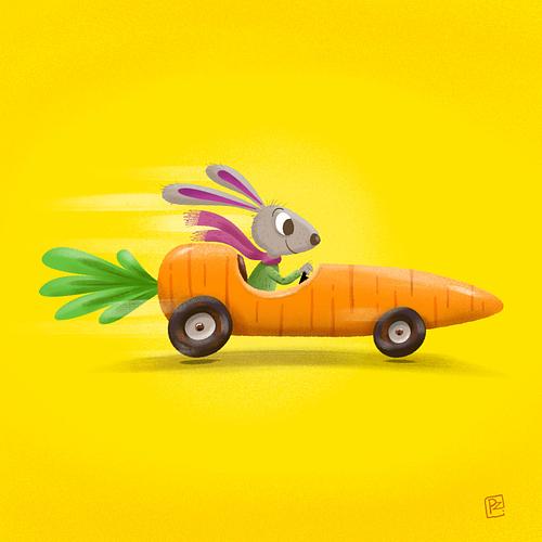 illustratie kinderboek van Poetzarelli, konijntje in sportauto in de vorm van een wortel