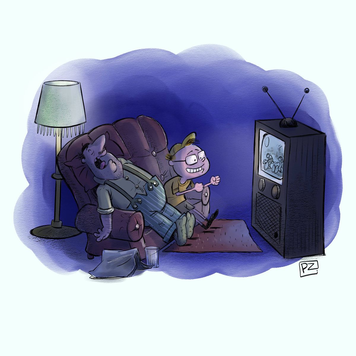 Julien kijkt naar de wielerwedstrijd op TV. Vader ligt in de zetel te slapen