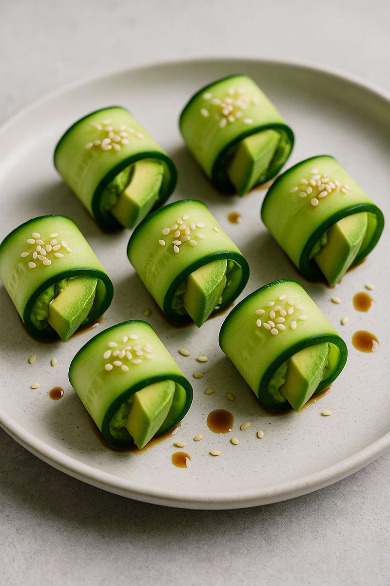 Sliced Cucumber and Avocado Rolls with Sesame or Tamari