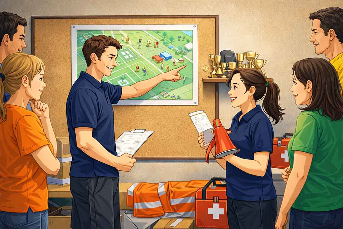 Mehrere Verantwortliche stehen in einem Raum, besprechen Unterlagen und zeigen auf einen Ablaufplan, während Ausrüstung und Erste-Hilfe-Material bereitliegen.