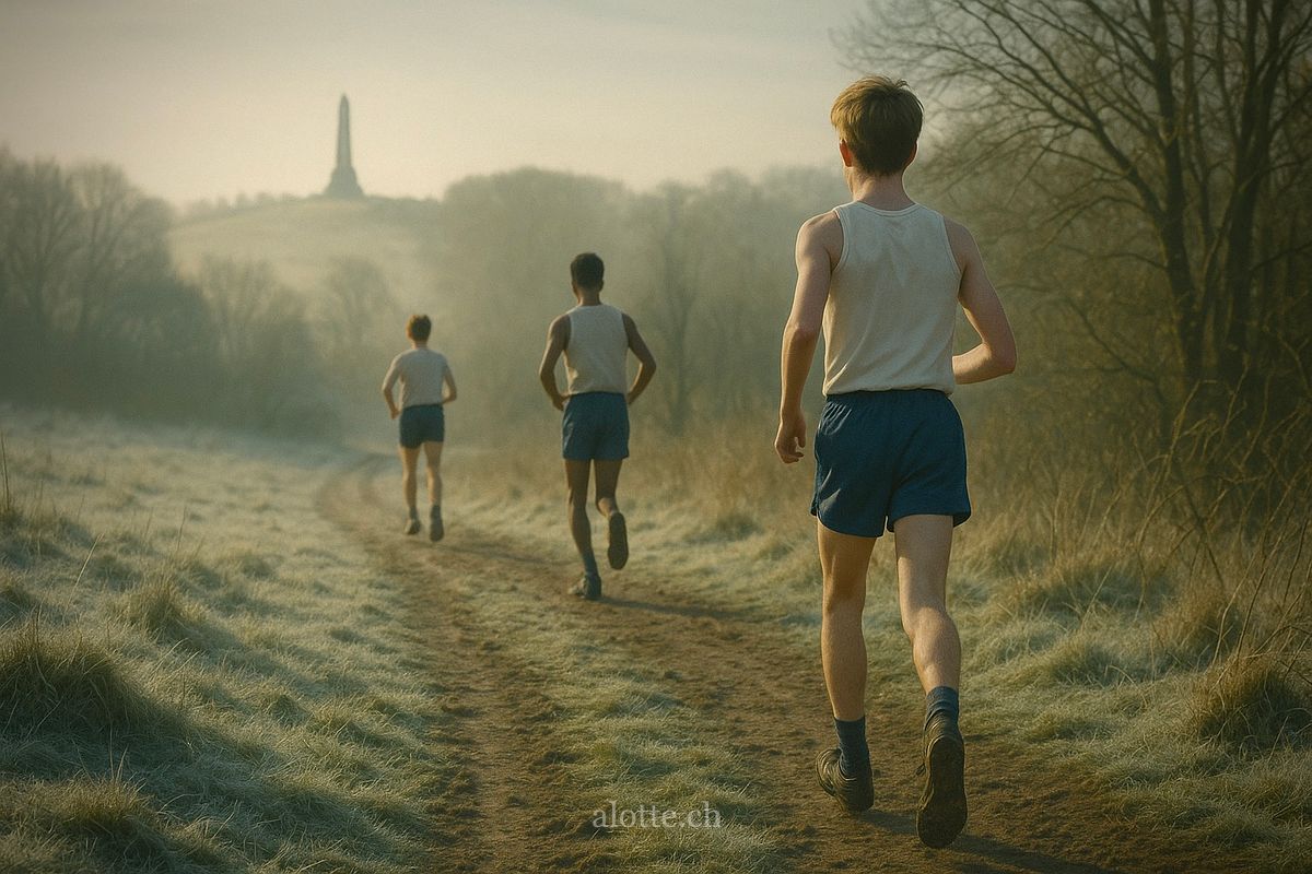 Martin Potter and friends running up Wellington Monument in Somerset, UK