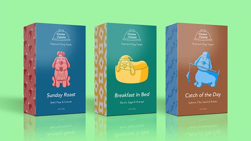 Front of the three package designs, each featuring the different colour scheme, pattern, and mascot variation for the flavours Breakfast in Bed, Sunday Roast, and Catch of the Day.