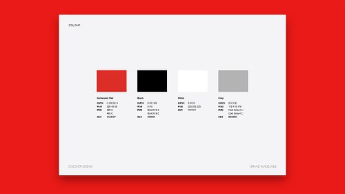 Brand guidelines document page showing the colour palette: Swinburne Red, black, white, and grey.