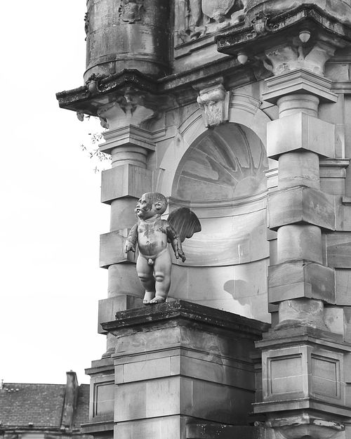 Cityscapes, architecture, gargoyle, baby,  tower, columns, stone, building, gothic, Clyde, Glasgow, Scotland, United Kingdom, UK, black & white