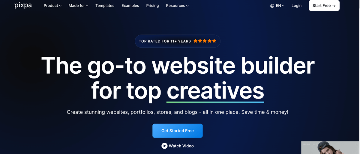 Screenshot of Pixpa's home page