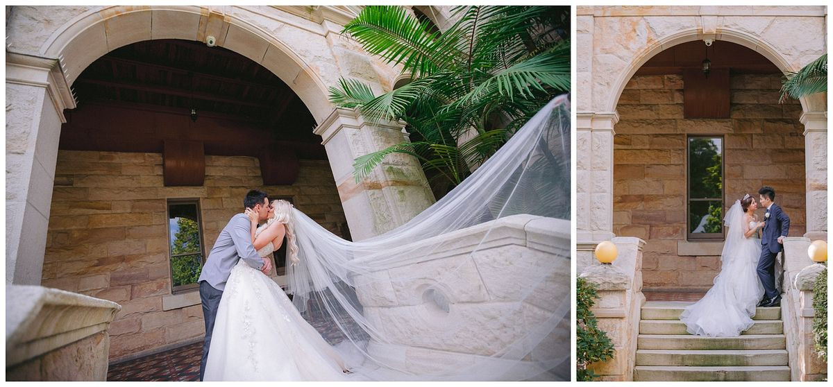 Classic bridal portraits of the newlyweds posing in front of the hallway at Curzon Hall.
