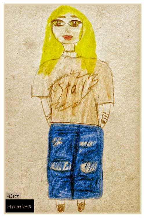 A drawing featuring a girl with blonde hair wearing a beige shirt and ripped blue jeans. The background is a simple, soft textured surface.