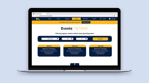 Mockup of the website events page featuring a high-contrast drop-down filtering system allowing users to search for upcoming events by program, month, or date.