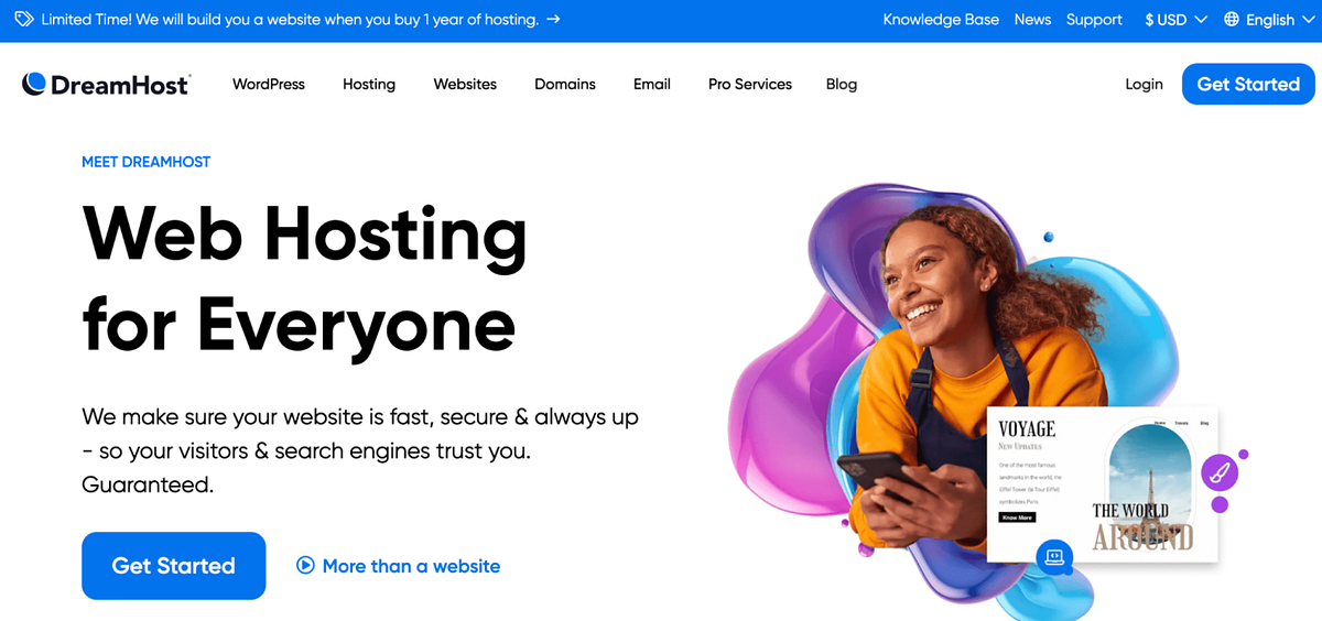 Captura de pantalla del creador de sitios web de DreamHost