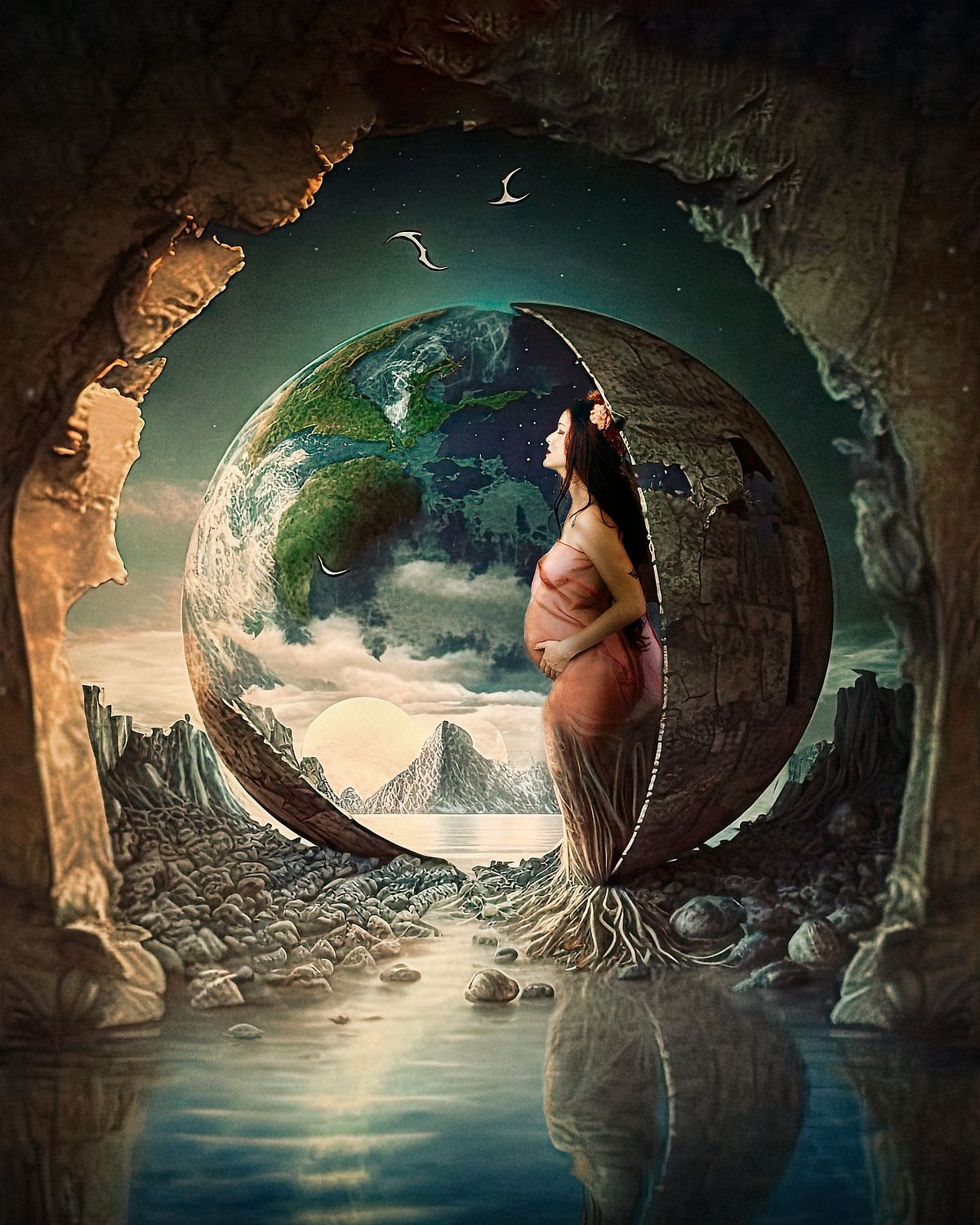 photo tarot femme enceinte fusionn&eacute;e &agrave; la nature, pr&egrave;s d&rsquo;un lac sacr&eacute;, face &agrave; une caverne, symbole de cr&eacute;ation et d&rsquo;accomplissement