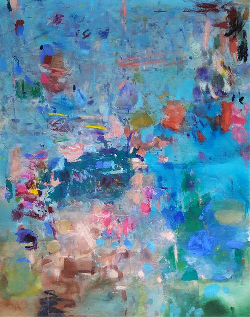 Archipels de Paix, peinture abstraite color&eacute;e gestuelle, bleu, grand format, multicolore, Acrylique oil stick sur toile, 81x100 cm, abstraction lyrique, tachisme