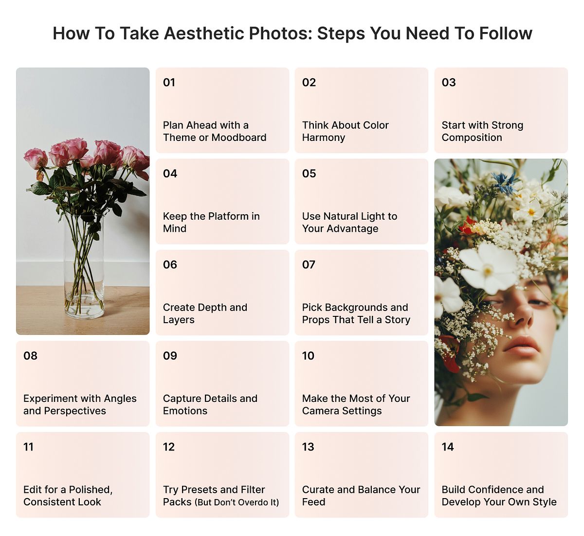 Infographic showing all the steps involved in how to create aesthetic photos