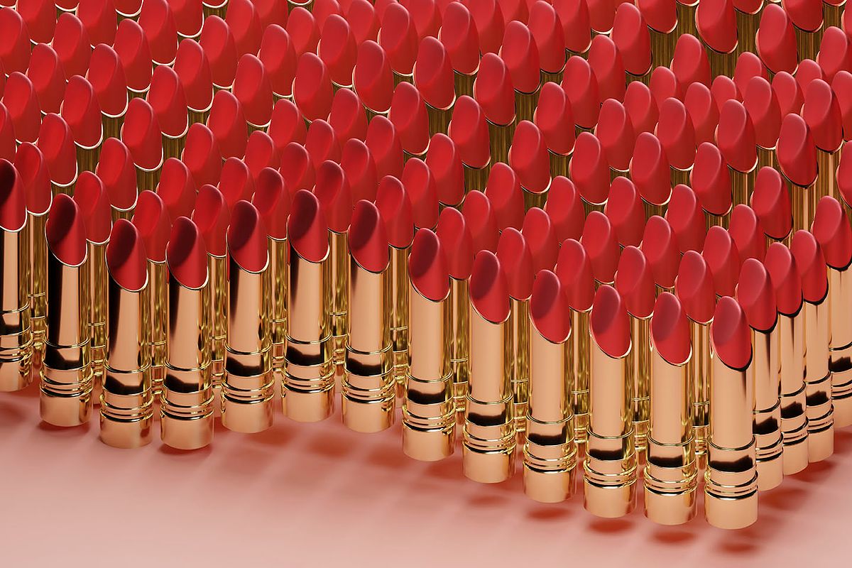 Multiple red lipsticks arranged in rows, 3D product visualization