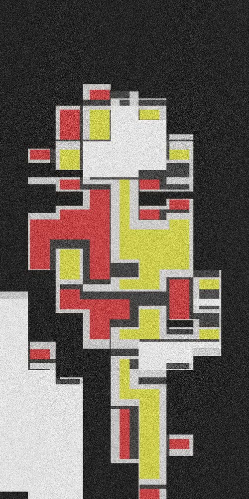 The image showcases a geometric pattern with bold blocks of color on a dark background. Red, yellow, and white rectangles intersect, creating a modern and structured look.