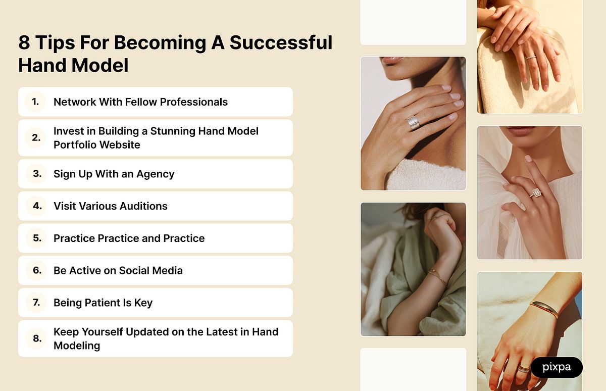 Infographics showing various steps on how to become a hand model