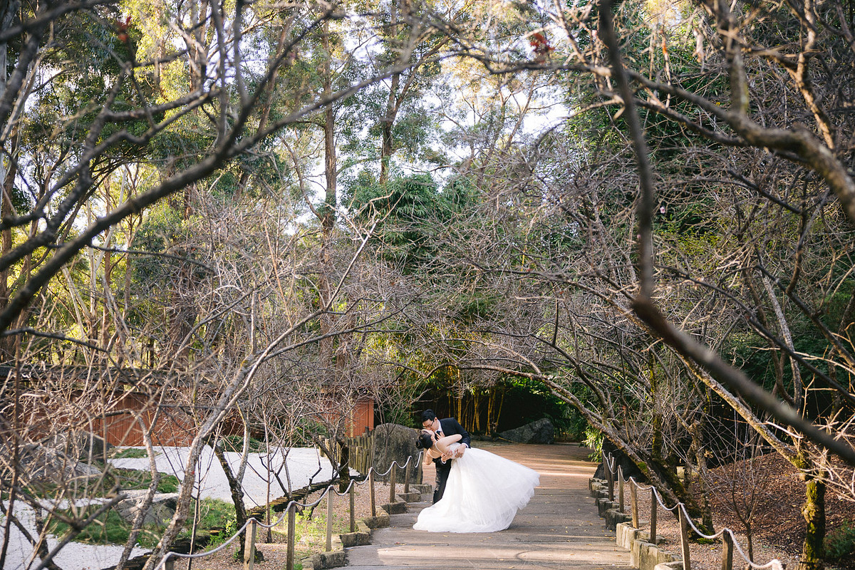 Bride and groom sharing a kiss at Japanese Garden Auburn Botanic Gardens.