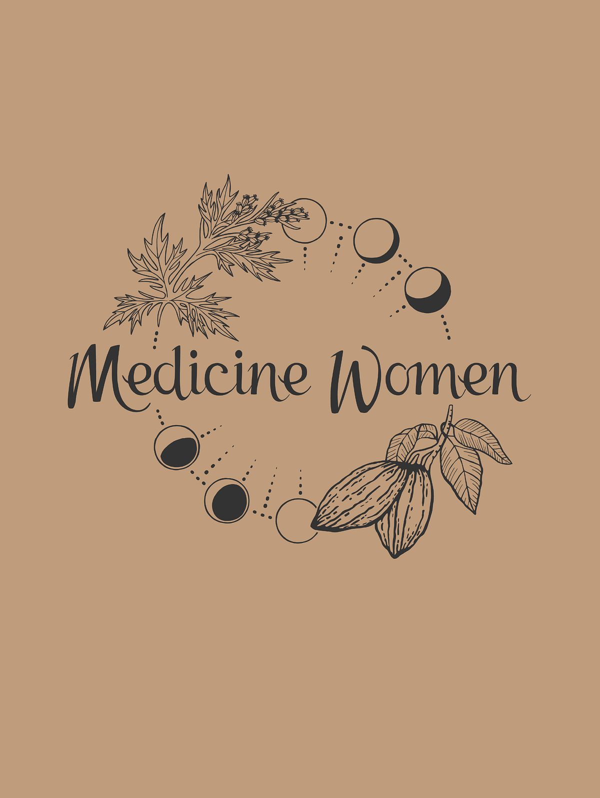 medicine women logo featuring cacao, moon cycles and mugwort