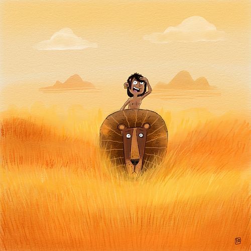 kinderboek illustratie van leeuw met jongen op de rug, wandelend door de savanna