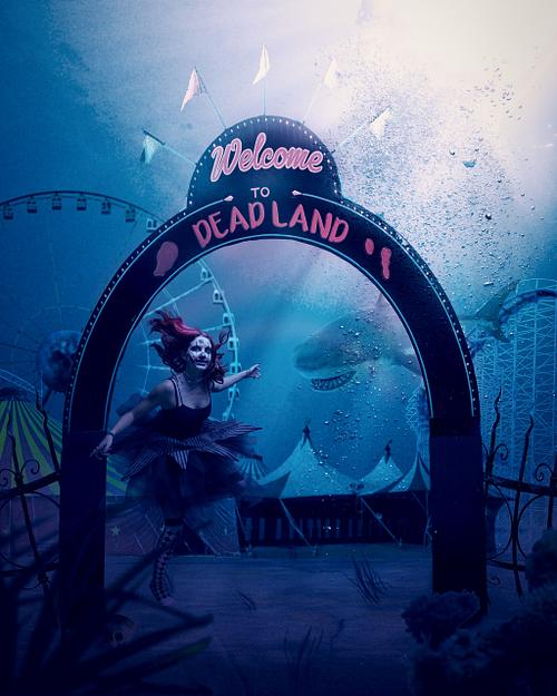 A zombie floating behind the gateway to an underwater amusement park.