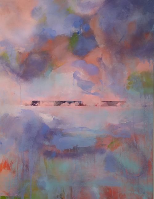 Horizon, tableau abstrait rose et mauve, peinture abstraite pastel, peinture abstraite rose et mauve, grand format, peinture abstraite grand format, sur toile, 89x116 cm, 50F, techniques mixtes, acrylique, a&eacute;rosol, pastel sec, scotch, art abstrait contemporain, abstraction lyrique, couleurs vibrantes, peinture sensible, peinture vibrante, peinture m&eacute;ditative, collection Voyages Cosmiques, artiste peintre fran&ccedil;aise, peintre abstraite &eacute;mergente, peintre contemporaine &agrave; Paris, abstraction lyrique