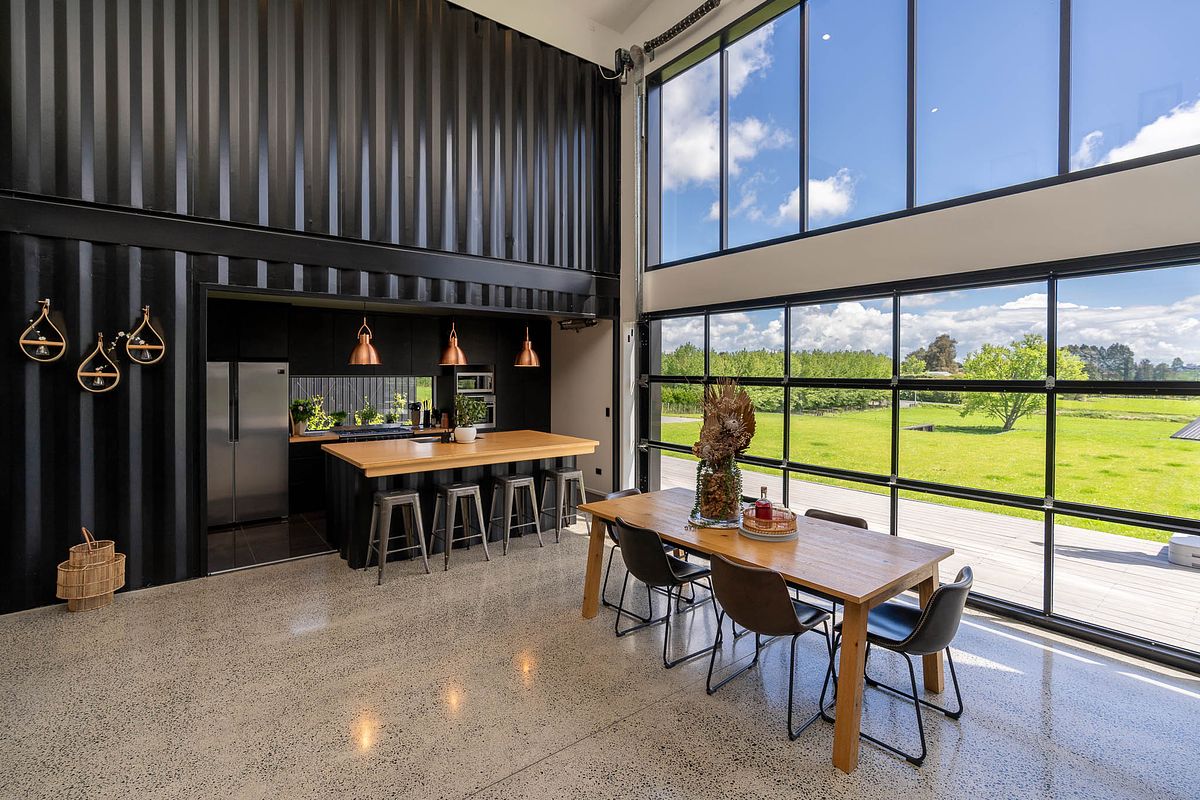 Architectural photography of a luxury bespoke container home in Tamahere by Flax Cove Studio.