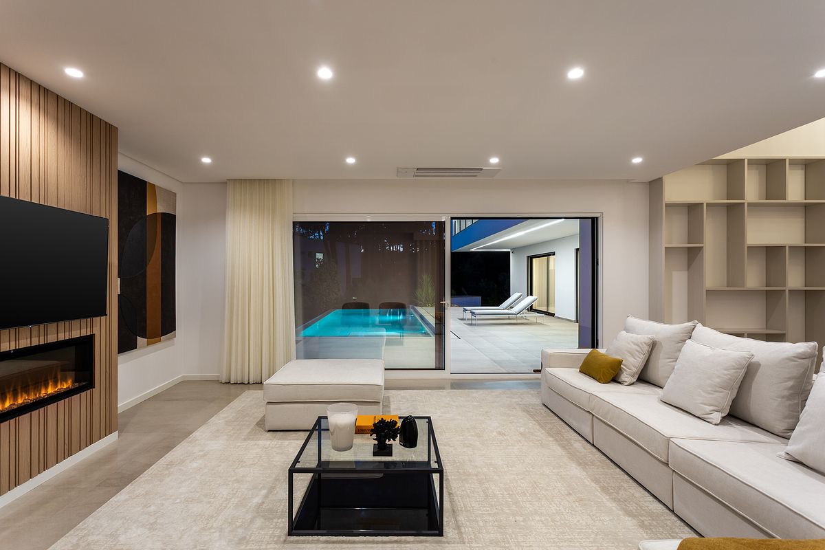 sala de estar contempor&acirc;nea, fotografia de interiores, moradia herdade da aroeira