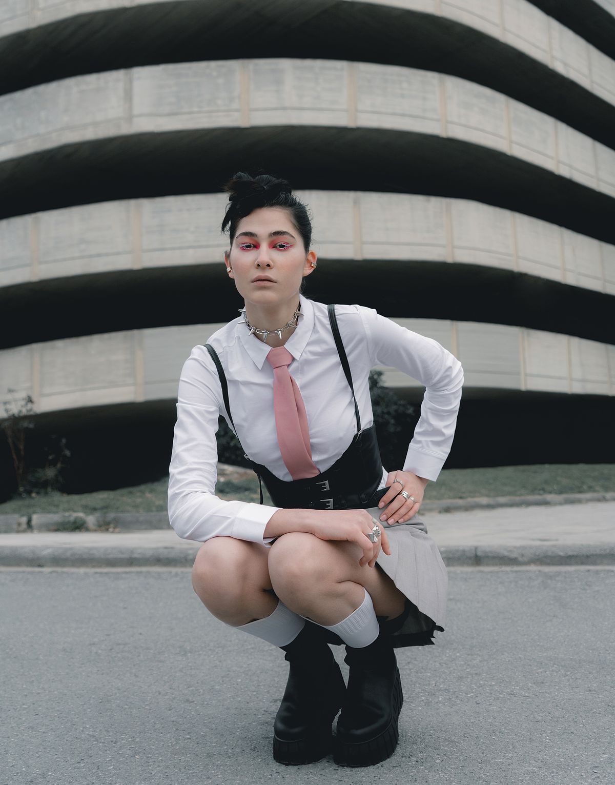 Portrait of a model wearing a Korean inspired street style outfit. Photographed by Filianna Karamanli.