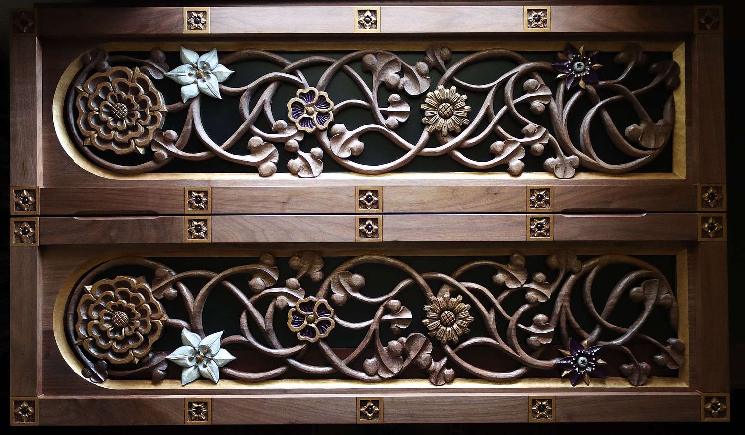 Hand-carved and painted panels for St. Joseph shrine by Wes and Kelly Baker of Contrasts Woodcarving for St. Bernadette Catholic Church in Lancaster, Ohio