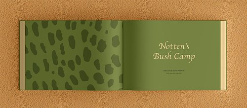 Double-page chapter opening spread of the photobook featuring a green-toned cheetah print vector pattern on the left page and the title &lsquo;Notten&rsquo;s Bush Camp&rsquo; in a beige decorative font on a plain grass green background on the right.