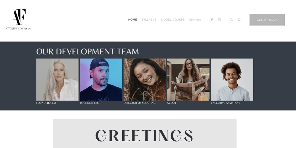 AF Talent Management's modeling website