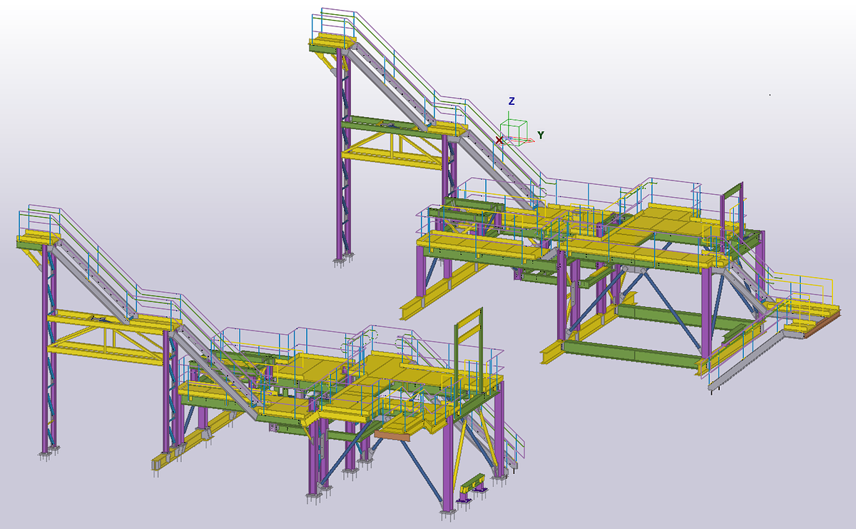 Tekla BIM model showing foundation layout and grid structure