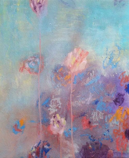 peinture florale abstraite, toile abstraite florale, moyen format 38x46 cm, acrylique, a&eacute;rosol,  oil stick, sur toile, tableau original, abstraction lyrique, expressionnisme abstrait, tableau vendu, peinture vendue, tableau de fleurs, tableau couleurs douces, tableau couleurs pastel, achat d'art