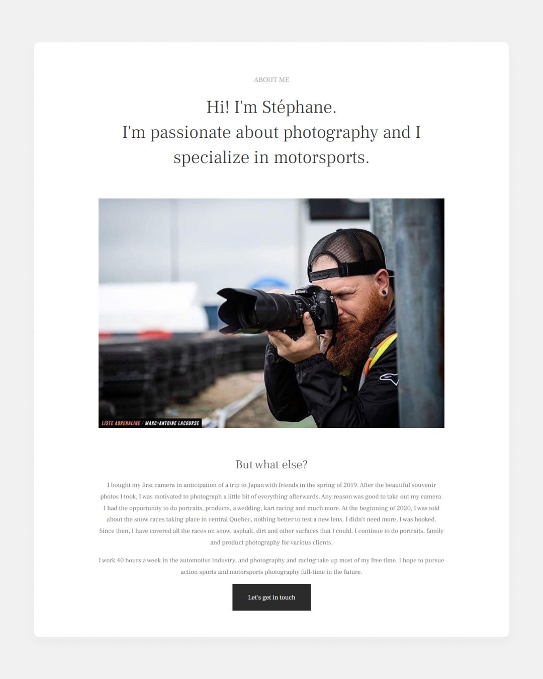 Sección "Sobre mí" del portafolio de fotografía deportiva de SGagne