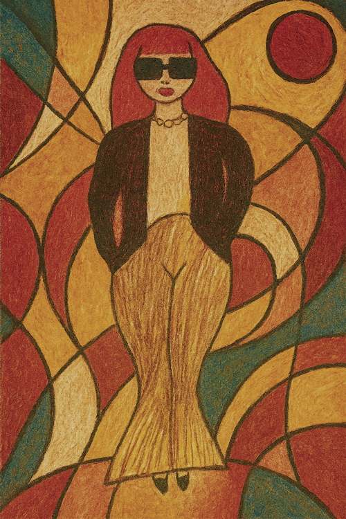 A woman with straight red hair stands confidently, wearing sunglasses and a stylish outfit. The background features an abstract pattern with warm colors.