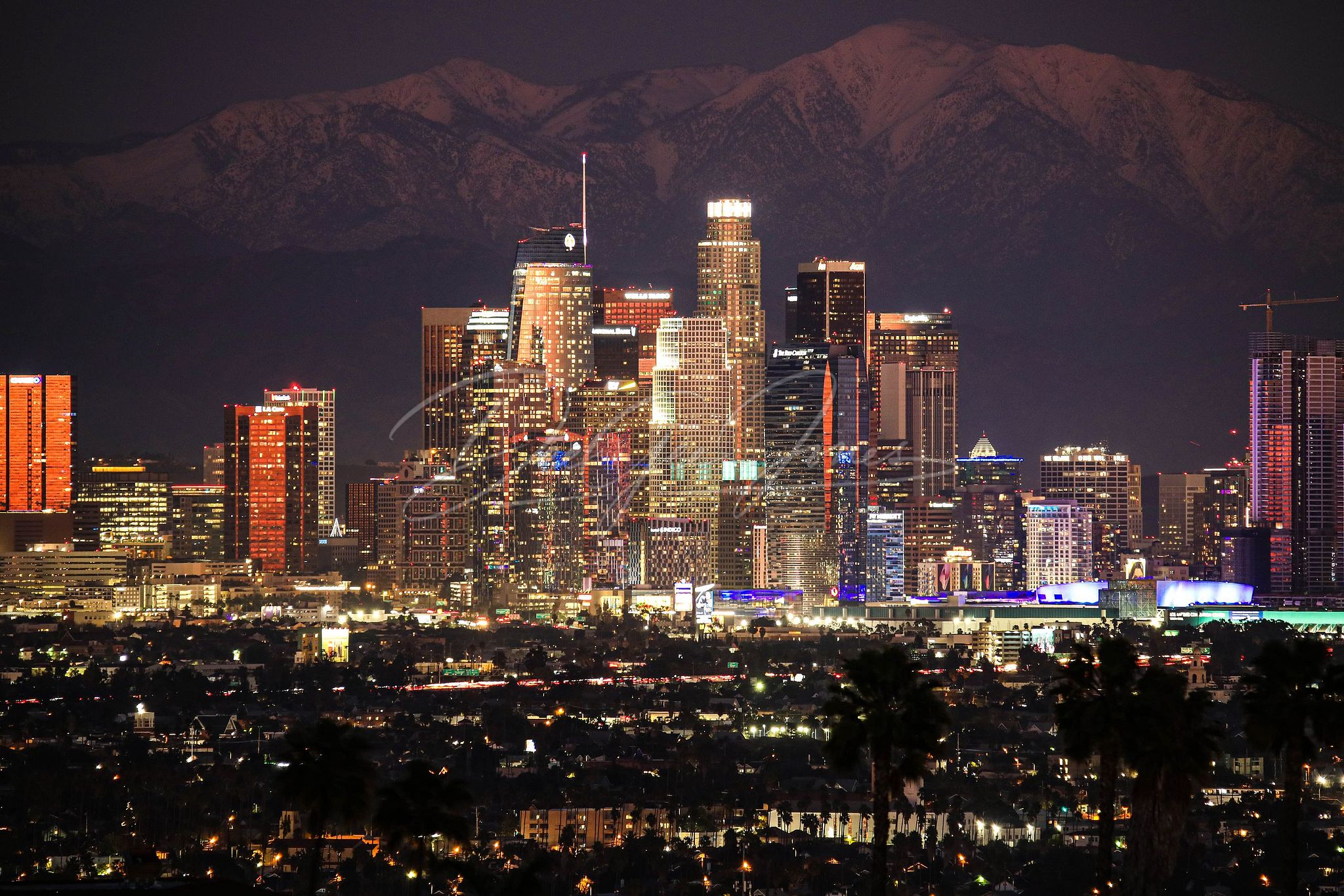 Downtown Los Angeles , Snow on Mountains