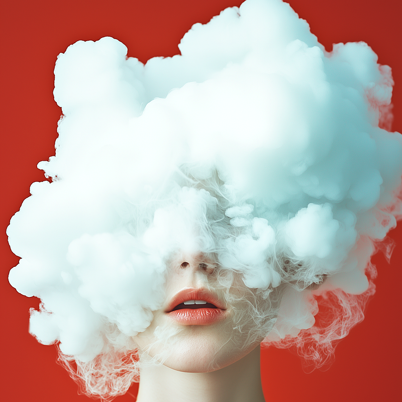 picture of a woman with her head nearly entirely covered in a cloud