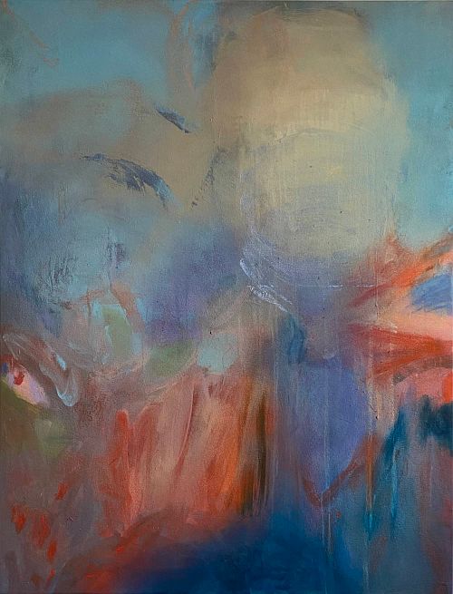 Songes, peinture abstraite bleue, tableau abstrait, peinture abstraite onirique, grand format, 89x116 cm, 50F, techniques mixtes, acrylique, a&eacute;rosol, pastel sec, art abstrait contemporain, abstraction lyrique, brumes color&eacute;es, couleurs vibrantes, peinture m&eacute;ditative, couleurs bleues, collection Voyages Cosmiques, abstraction lyrique