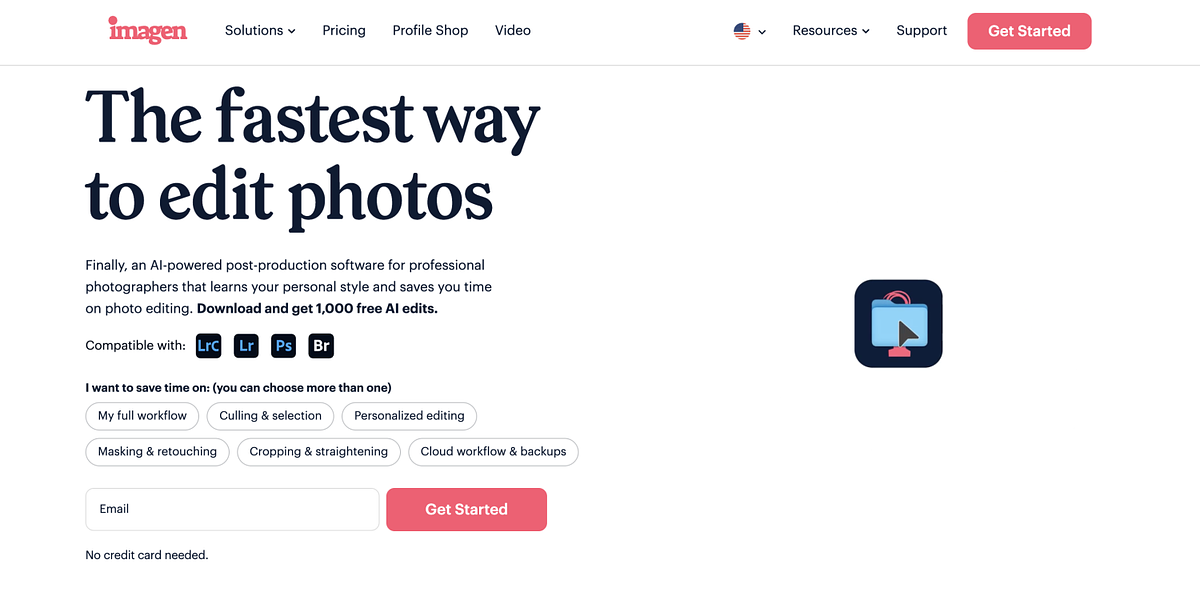 Zrzut ekranu strony głównej Imagen AI