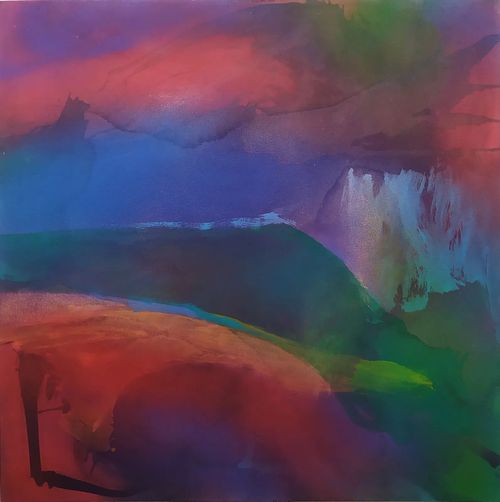 Ether, peinture abstraite, peinture abstraite carr&eacute;e, grand format, 130x130 cm, sur toile, acrylique, encre, techniques mixtes, collection Voyages Cosmiques, peinture cosmique, art abstrait contemporain, abstraction lyrique, Color Field Painting, couleurs vibrantes, peinture contemplative, &eacute;nergie et lumi&egrave;re, peinture m&eacute;ditative, abstraction lyrique contemporaine, Color Field